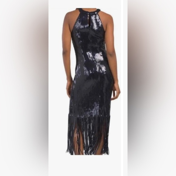 Nanette Lepore Black fringed sequin flapper Halter Neck midi Dress size 14 new‎ - Picture 1 of 2